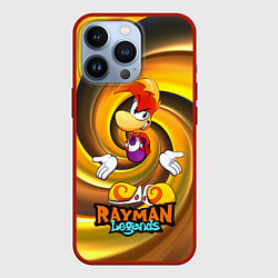 Чехол iPhone 13 Pro Rayman Legends на фоне желтой спирали