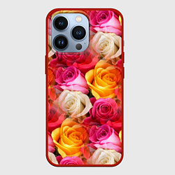 Чехол для iPhone 13 Pro Красные, желтые и белые розы, цвет: 3D-красный