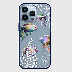 Чехол для iPhone 13 Pro Разноцветные акварельные рыбки и белые водоросли, цвет: 3D-тёмно-синий