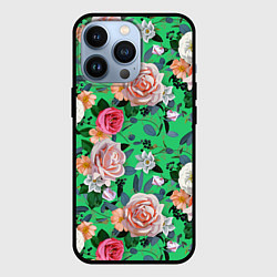 Чехол для iPhone 13 Pro Нежные розы на изумрудном фоне, цвет: 3D-черный