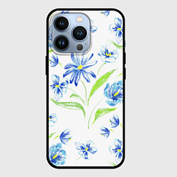 Чехол iPhone 13 Pro Цветы Синие Нарисованные Карандашами