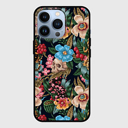 Чехол для iPhone 13 Pro Паттерн из цветов, черепов и саламандр, цвет: 3D-черный