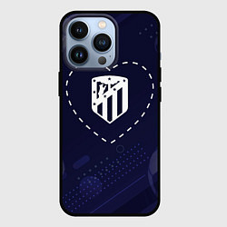 Чехол для iPhone 13 Pro Лого Atletico Madrid в сердечке на фоне мячей, цвет: 3D-черный