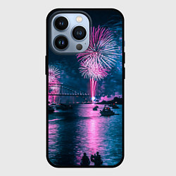 Чехол iPhone 13 Pro Неоновый салют над рекой ночью - Синий