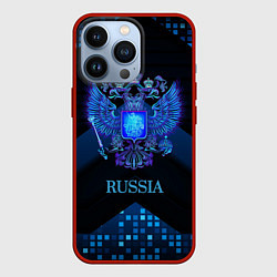 Чехол для iPhone 13 Pro Синий неоновый герб России, цвет: 3D-красный