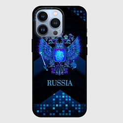 Чехол для iPhone 13 Pro Синий неоновый герб России, цвет: 3D-черный