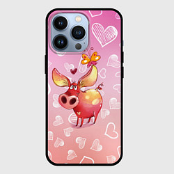 Чехол для iPhone 13 Pro Свинка с большими ушами и с бабочкой, цвет: 3D-черный