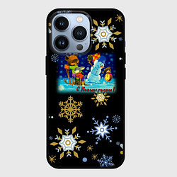 Чехол для iPhone 13 Pro Новый Год Зайчик и Мишка Соревнуются, цвет: 3D-черный