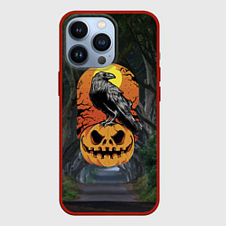 Чехол для iPhone 13 Pro Ворон, сидящий на тыкве - Halloween, цвет: 3D-красный
