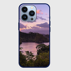 Чехол для iPhone 13 Pro Пейзаж вечерней реки и леса, цвет: 3D-тёмно-синий