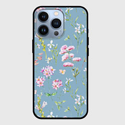 Чехол для iPhone 13 Pro Акварельные розовые цветы на голубом фоне, цвет: 3D-черный