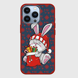 Чехол для iPhone 13 Pro Кролик на фоне красных снежинок, цвет: 3D-красный