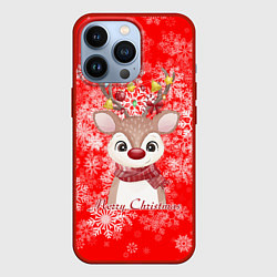 Чехол для iPhone 13 Pro Милый олень и белые снежинки, цвет: 3D-красный