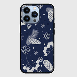 Чехол для iPhone 13 Pro Зимние ягоды и шишки на синем фоне, цвет: 3D-черный