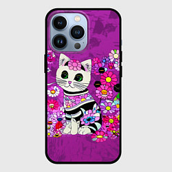 Чехол для iPhone 13 Pro Зеленоглазый котенок в цветах, цвет: 3D-черный
