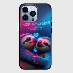 Чехол для iPhone 13 Pro Влюбленные ленивцы обнимаются на фоне неонового се, цвет: 3D-черный