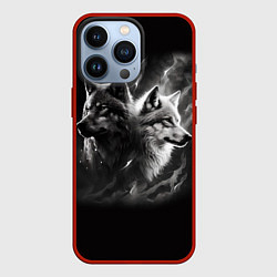 Чехол для iPhone 13 Pro Волки - белый и черный, цвет: 3D-красный