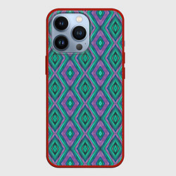 Чехол для iPhone 13 Pro Зелено-фиолетовые ромбы: орнамент, цвет: 3D-красный