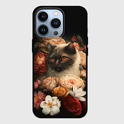 Чехол для iPhone 13 Pro Милый котик окружённый цветами, цвет: 3D-черный