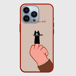 Чехол для iPhone 13 Pro Котик с ножиком и средний палец - текстура холста, цвет: 3D-красный