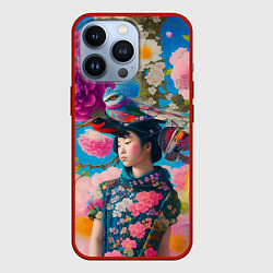 Чехол для iPhone 13 Pro Девочка с птицами среди цветов - мскусство, цвет: 3D-красный