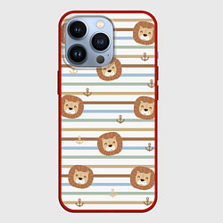 Чехол для iPhone 13 Pro Лев и якори: полосы - паттерн, цвет: 3D-красный
