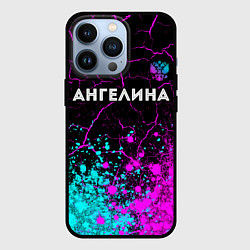 Чехол для iPhone 13 Pro Ангелина и неоновый герб России: символ сверху, цвет: 3D-черный