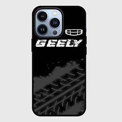 Чехол iPhone 13 Pro Geely speed на темном фоне со следами шин: символ