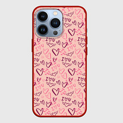 Чехол для iPhone 13 Pro I love you паттерн, цвет: 3D-красный