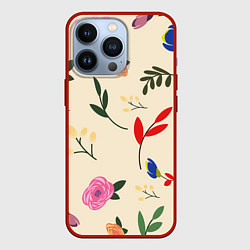 Чехол для iPhone 13 Pro Цветы и веточки паттерн, цвет: 3D-красный