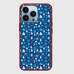 Чехол для iPhone 13 Pro Кораблики синий фон, цвет: 3D-красный