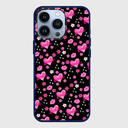 Чехол для iPhone 13 Pro Черный фон, барби и цветы, цвет: 3D-тёмно-синий