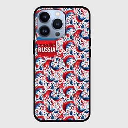 Чехол iPhone 13 Pro Флаг России и русские узоры