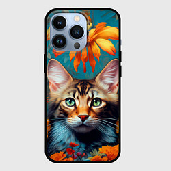 Чехол для iPhone 13 Pro Дикая кошка в цветах, цвет: 3D-черный
