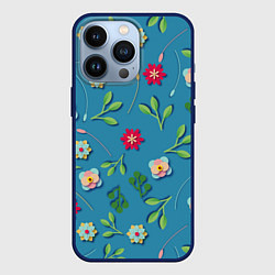 Чехол для iPhone 13 Pro Цветы и зеленые веточки, цвет: 3D-тёмно-синий