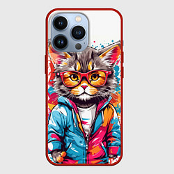 Чехол для iPhone 13 Pro Котик в очках - брызги красок, цвет: 3D-красный