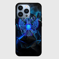Чехол для iPhone 13 Pro Неоновый синий герб РФ, цвет: 3D-черный