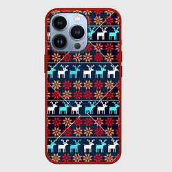 Чехол для iPhone 13 Pro Новогодние олени и снежинки узор, цвет: 3D-красный