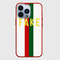 Чехол для iPhone 13 Pro Зелёная и красная полосы с надписью Fake, цвет: 3D-красный