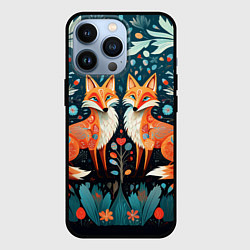 Чехол для iPhone 13 Pro Две лисички в стиле фолк арт, цвет: 3D-черный
