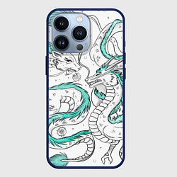 Чехол для iPhone 13 Pro Дракон Хаку в стиле тату: белый и бирюзовый паттер, цвет: 3D-тёмно-синий