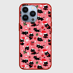 Чехол для iPhone 13 Pro Новогодние чёрные котики с подарками, цвет: 3D-красный
