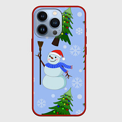 Чехол для iPhone 13 Pro Снеговики с новогодними елками паттерн, цвет: 3D-красный