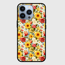 Чехол для iPhone 13 Pro Паттерн из желтых и красных цветов, цвет: 3D-черный