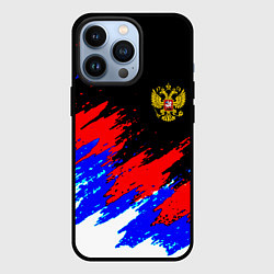 Чехол для iPhone 13 Pro Россия триколор герб краски, цвет: 3D-черный