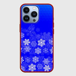 Чехол для iPhone 13 Pro Снежинки на синем, цвет: 3D-красный
