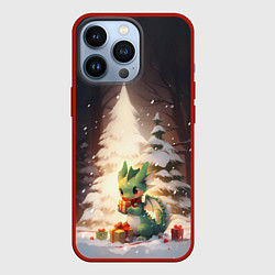 Чехол для iPhone 13 Pro Чиби-дракон под ёлкой с подарками, цвет: 3D-красный