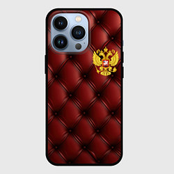 Чехол для iPhone 13 Pro Золотой герб России на красном кожаном фоне, цвет: 3D-черный