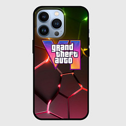 Чехол для iPhone 13 Pro GTA 6 лого на фоне разлома радужных плит, цвет: 3D-черный