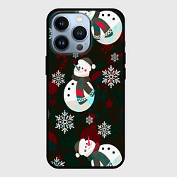 Чехол для iPhone 13 Pro Снеговики узоры, цвет: 3D-черный